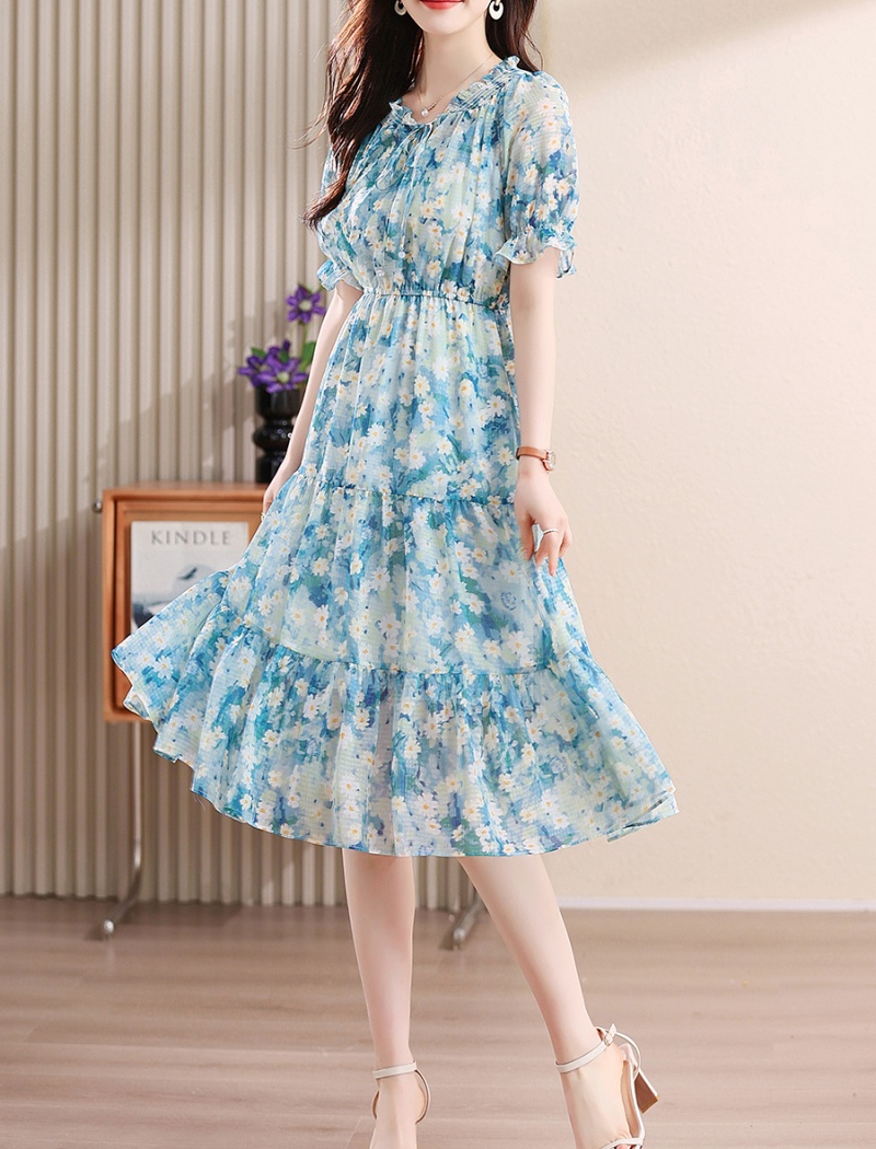 Fresh blue chiffon seaside temperament dress for women