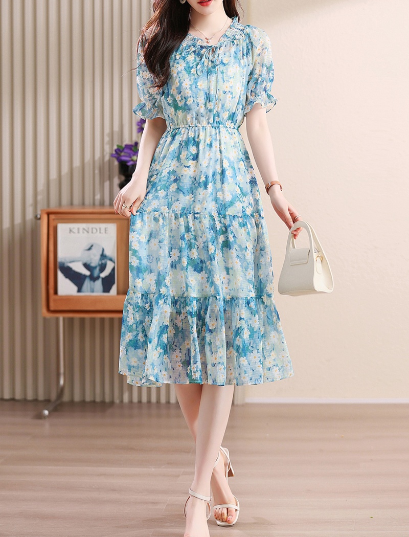 Fresh blue chiffon seaside temperament dress for women