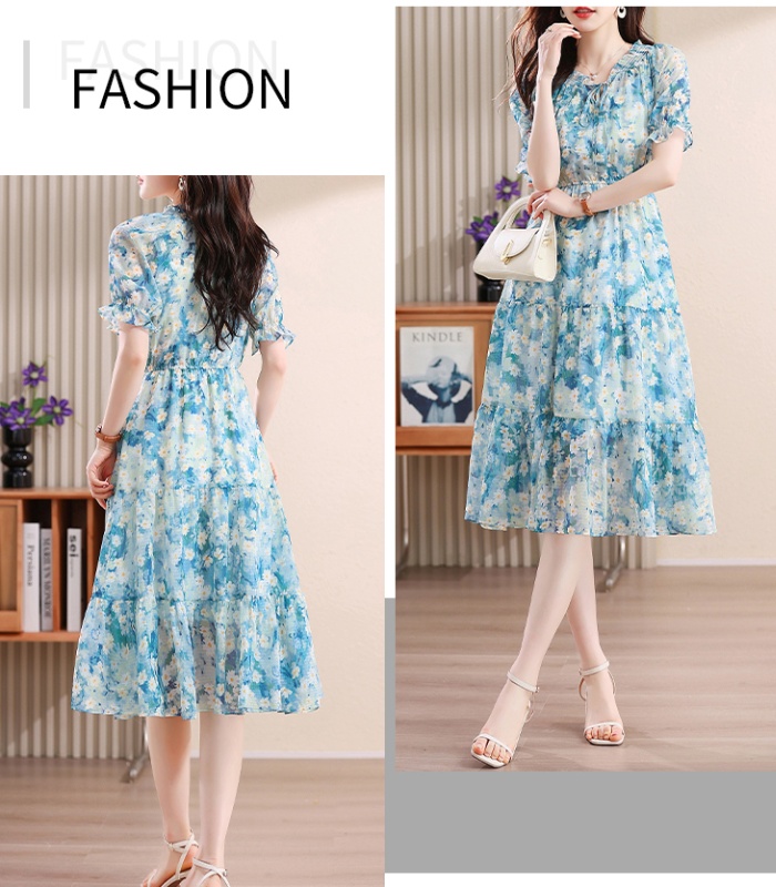 Fresh blue chiffon seaside temperament dress for women