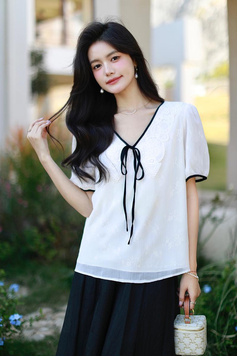 V-neck mixed colors loose tops short sleeve summer shirt