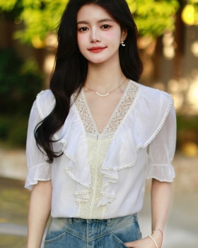 Unique France style tops puff sleeve chiffon shirt