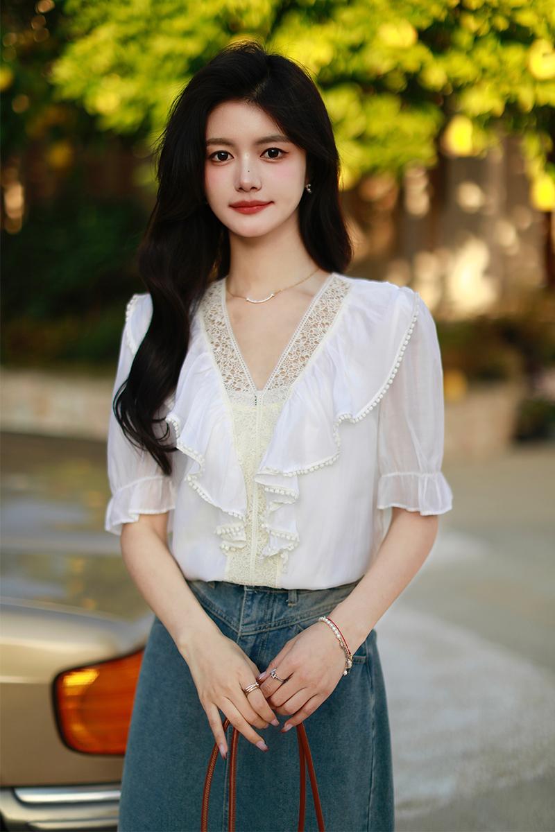 Unique France style tops puff sleeve chiffon shirt