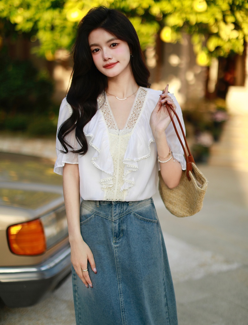 Unique France style tops puff sleeve chiffon shirt