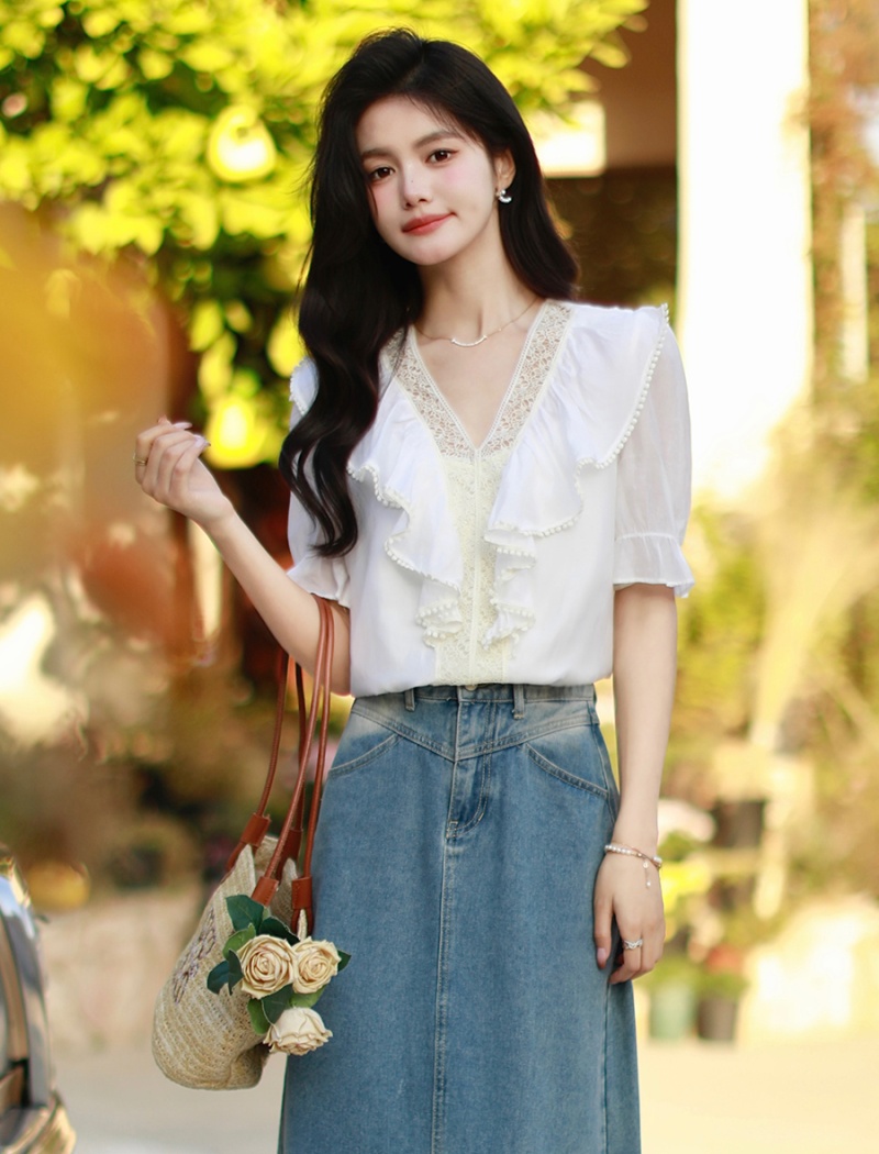 Unique France style tops puff sleeve chiffon shirt