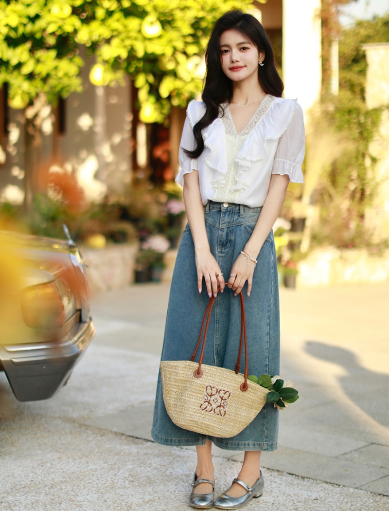 Unique France style tops puff sleeve chiffon shirt