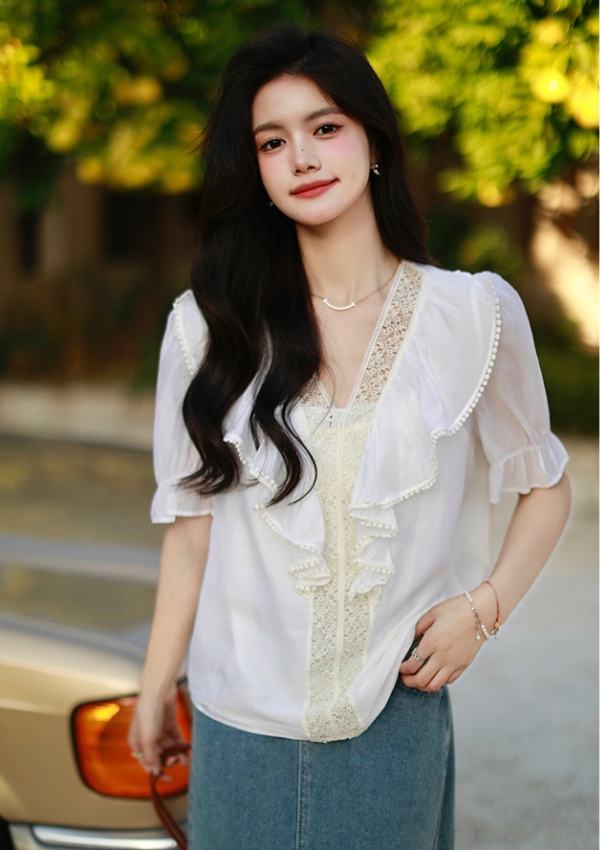 Unique France style tops puff sleeve chiffon shirt