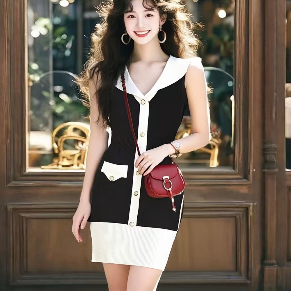 Slim temperament sleeveless dress knitted lapel dress