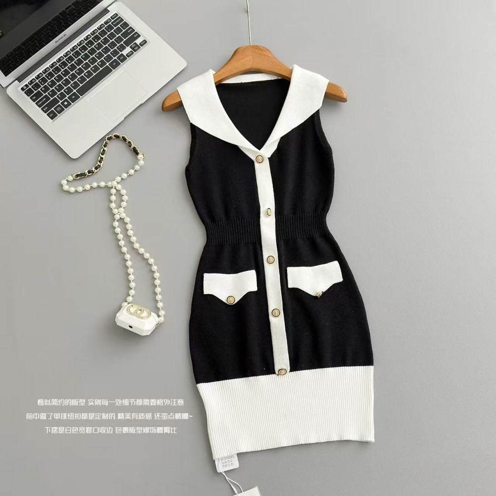 Slim temperament sleeveless dress knitted lapel dress