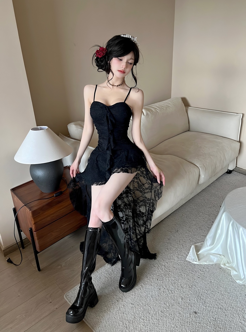 Bottoming irregular sexy sling lace long dress