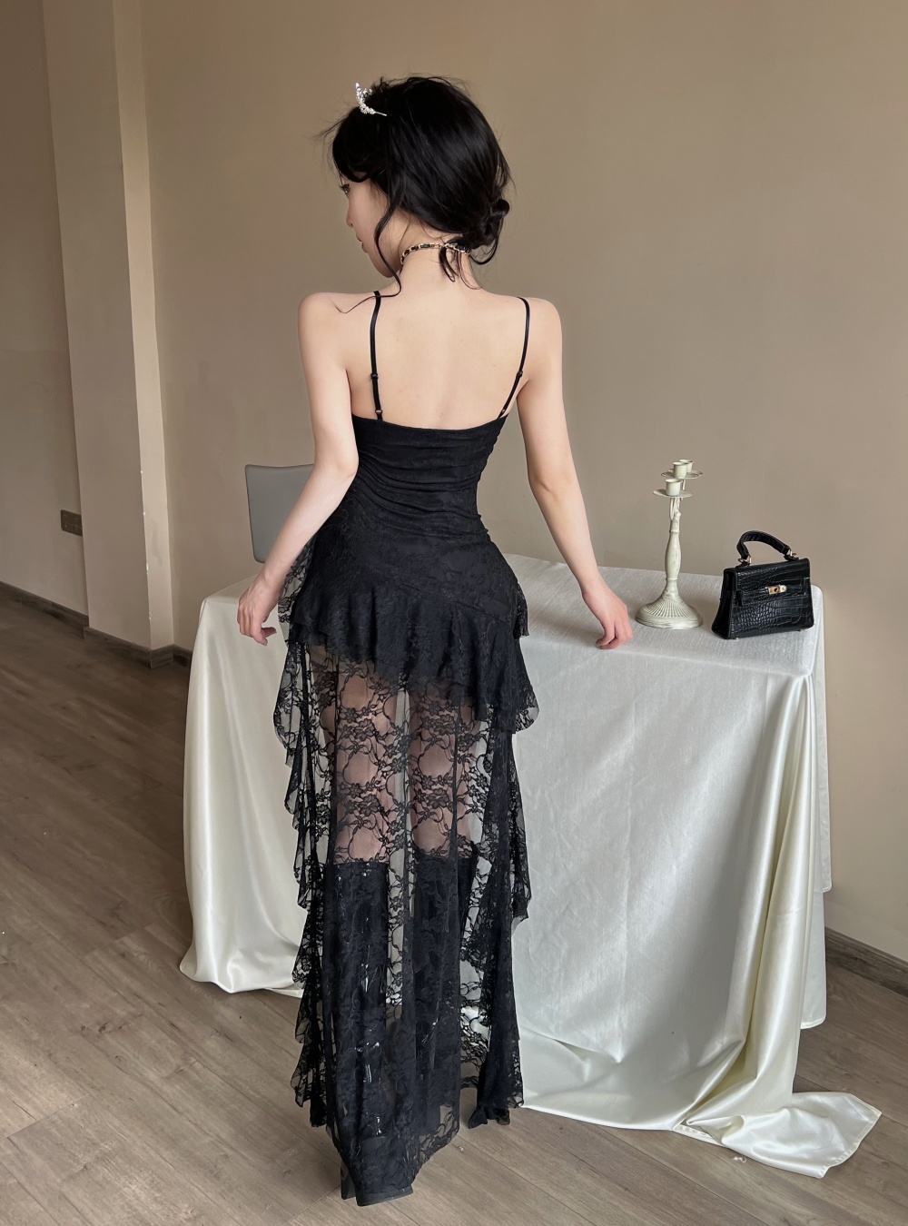 Bottoming irregular sexy sling lace long dress