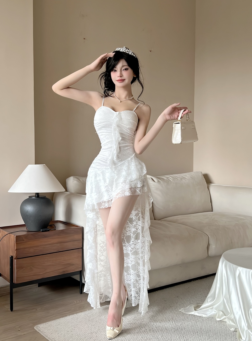 Bottoming irregular sexy sling lace long dress