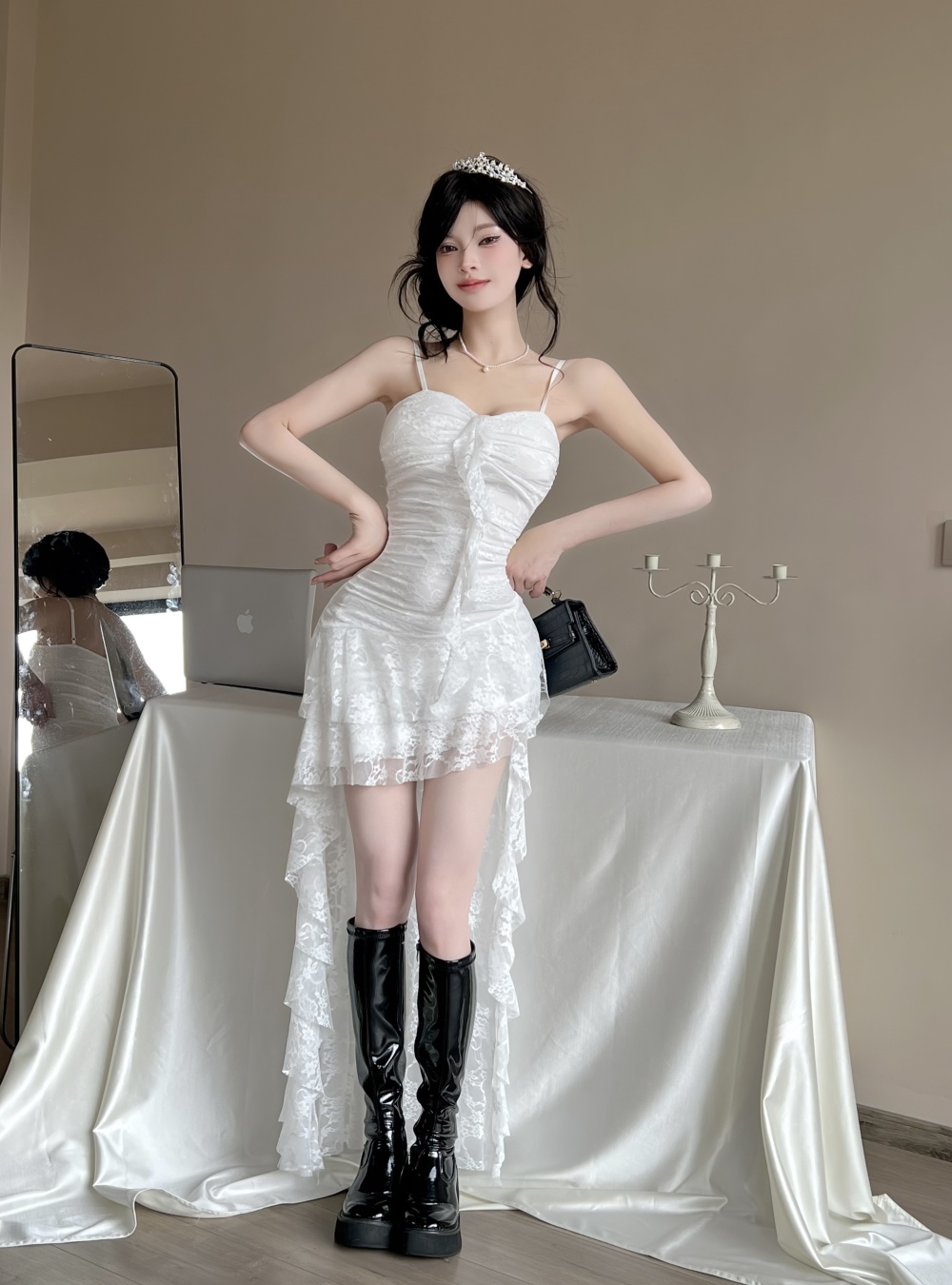 Bottoming irregular sexy sling lace long dress