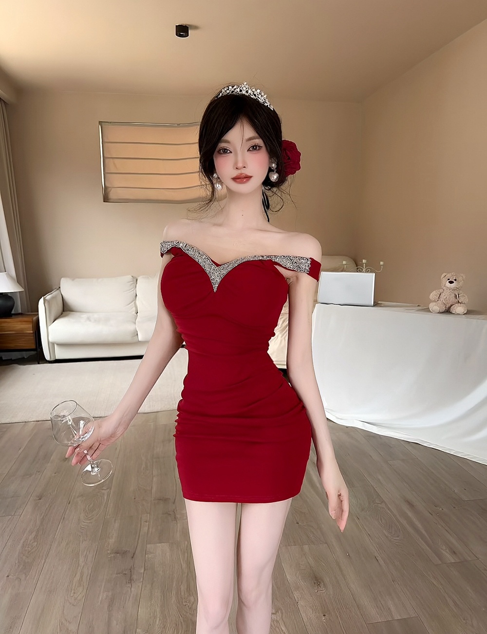 Beading package hip V-neck sexy slim bottoming dress