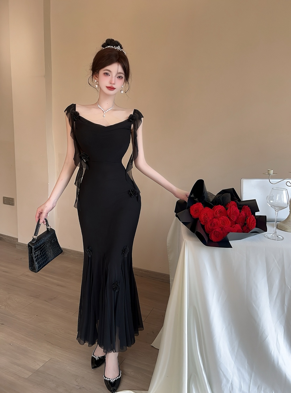 Mermaid gauze dress temperament sling long dress