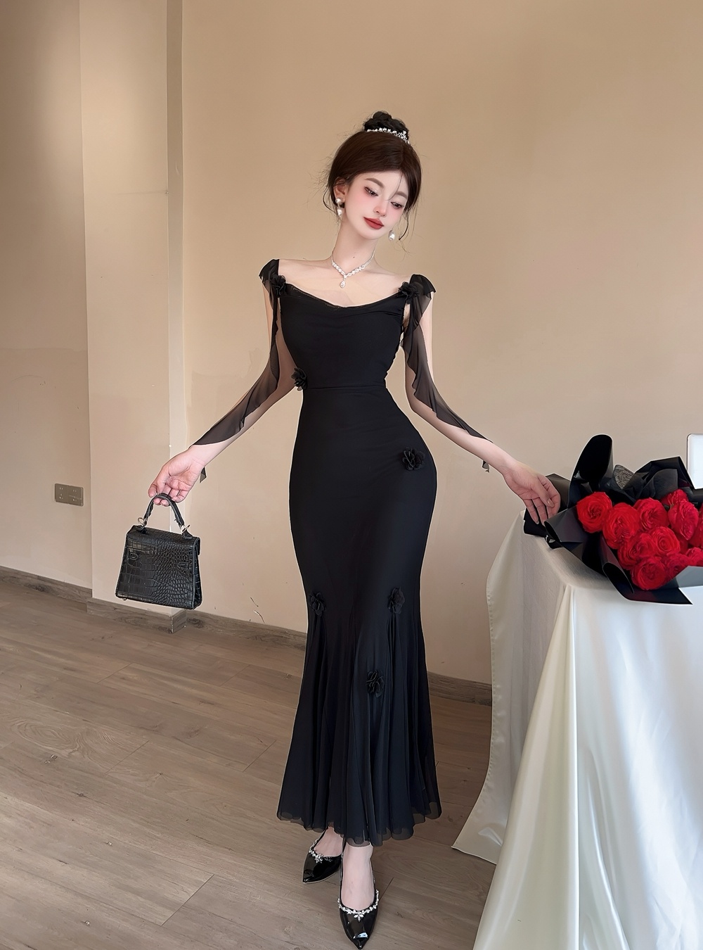 Mermaid gauze dress temperament sling long dress