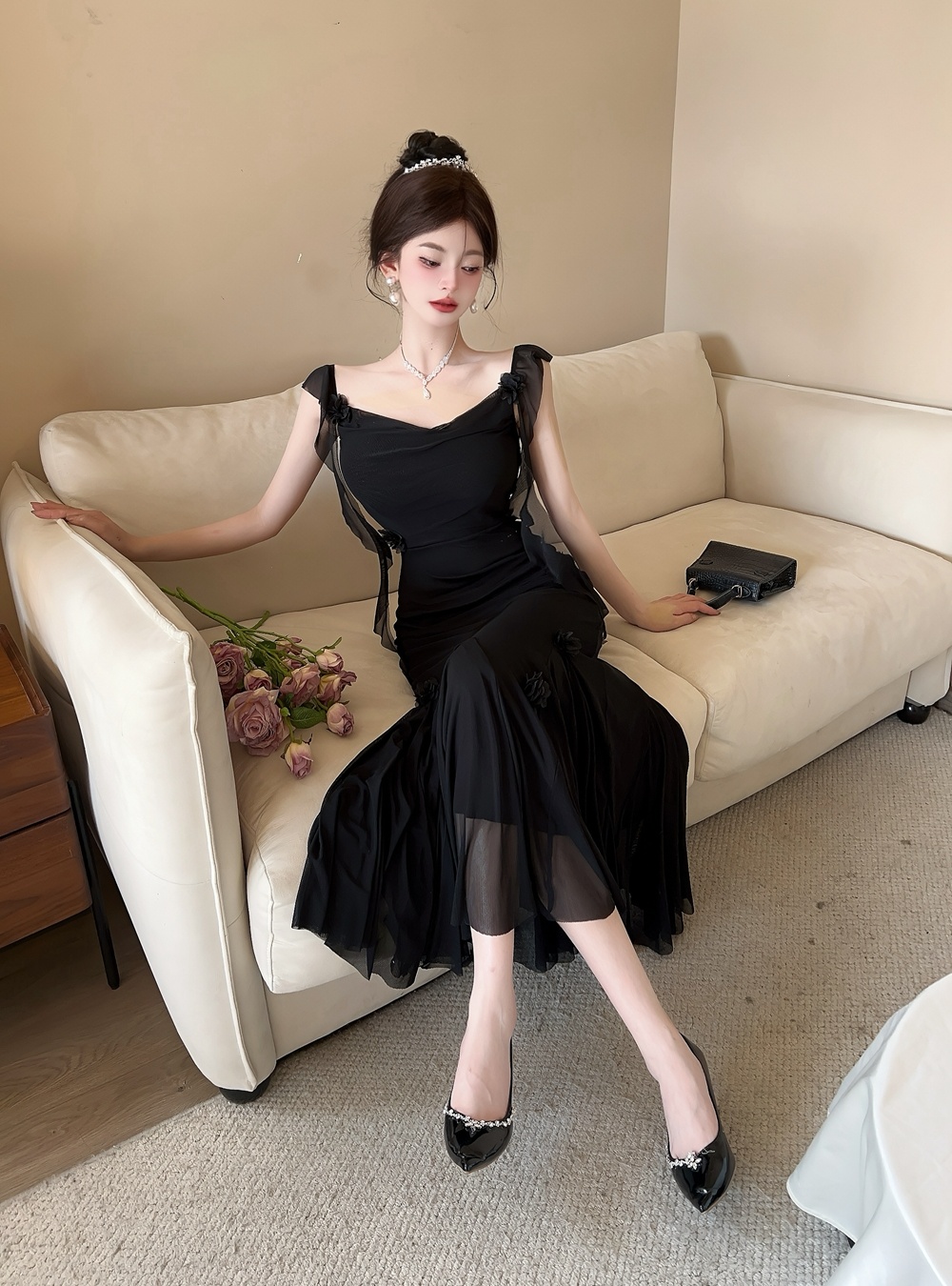 Mermaid gauze dress temperament sling long dress