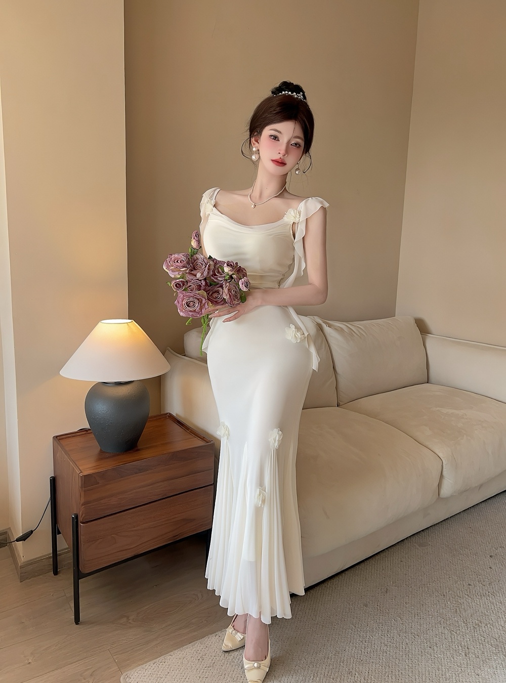 Mermaid gauze dress temperament sling long dress