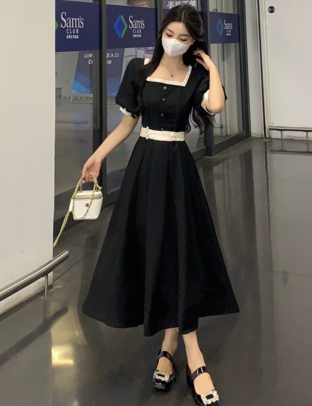 Long elegant slim square collar France style retro dress