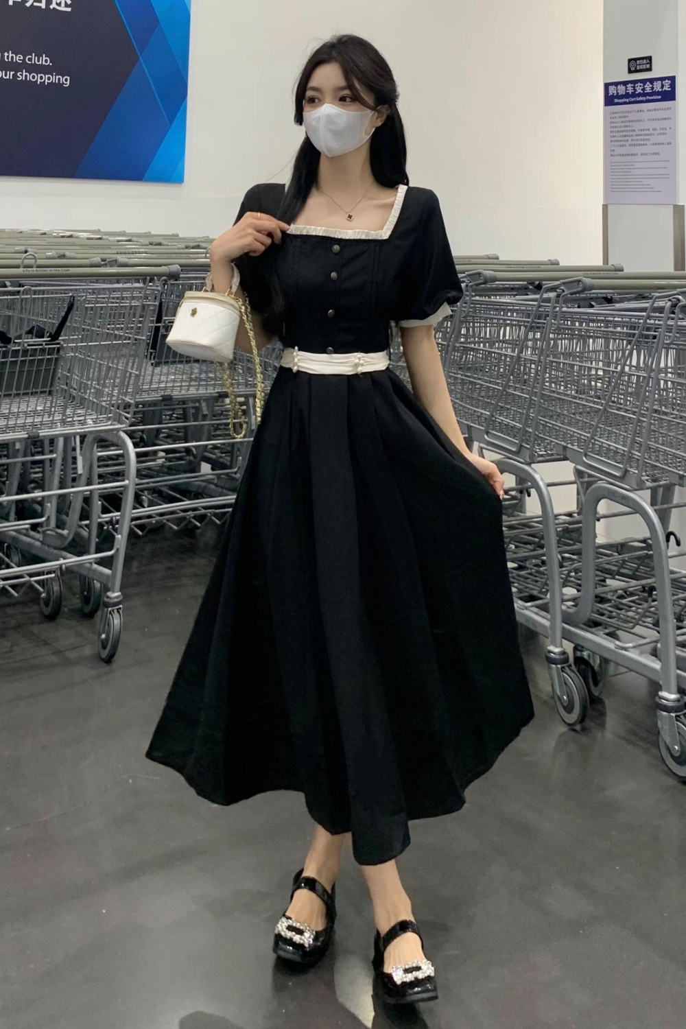 Long elegant slim square collar France style retro dress