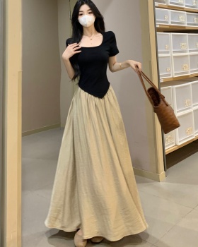 Square collar Pseudo-two pinched waist long dress