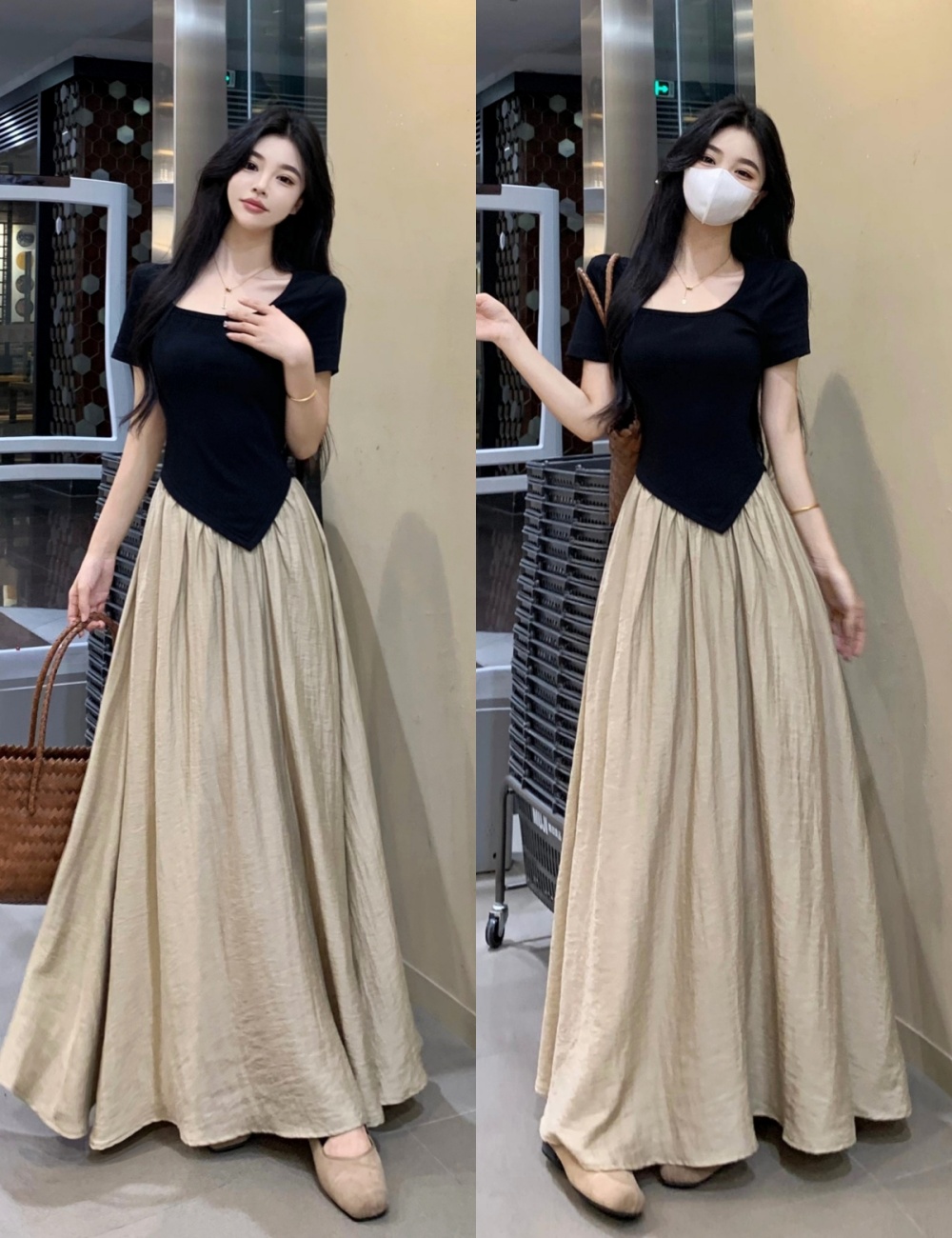 Square collar Pseudo-two pinched waist long dress