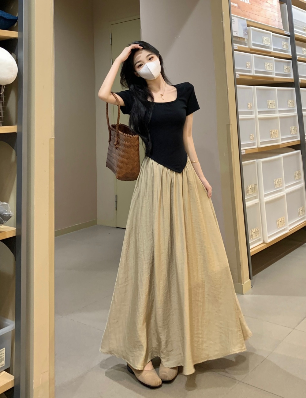 Square collar Pseudo-two pinched waist long dress