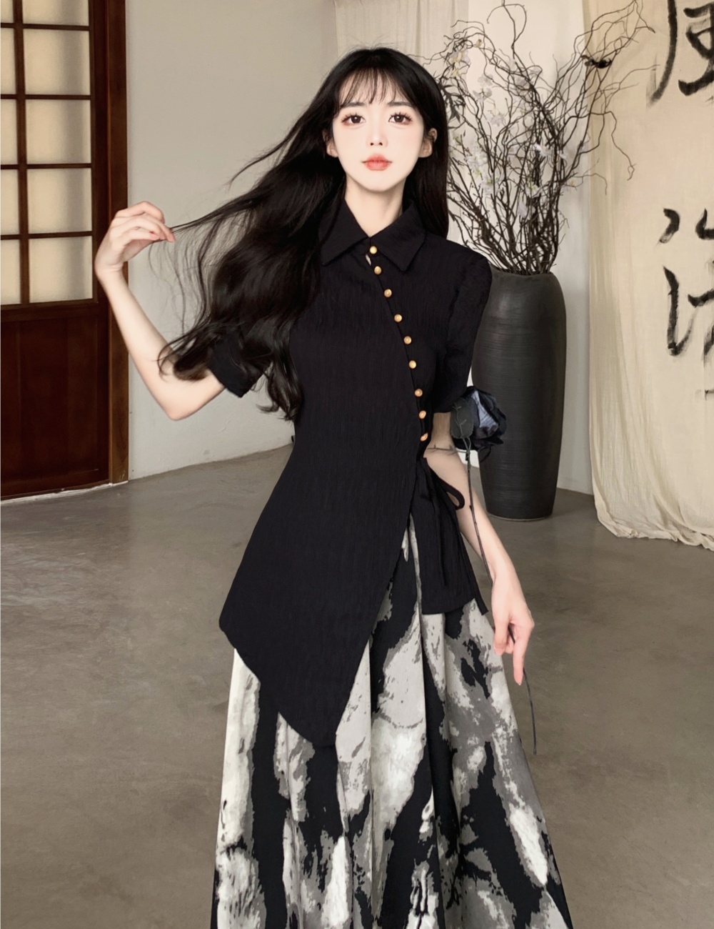 Printing Chinese style tops slim ink skirt a set