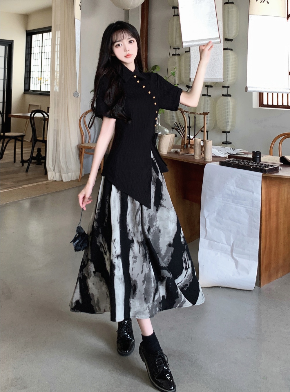 Printing Chinese style tops slim ink skirt a set