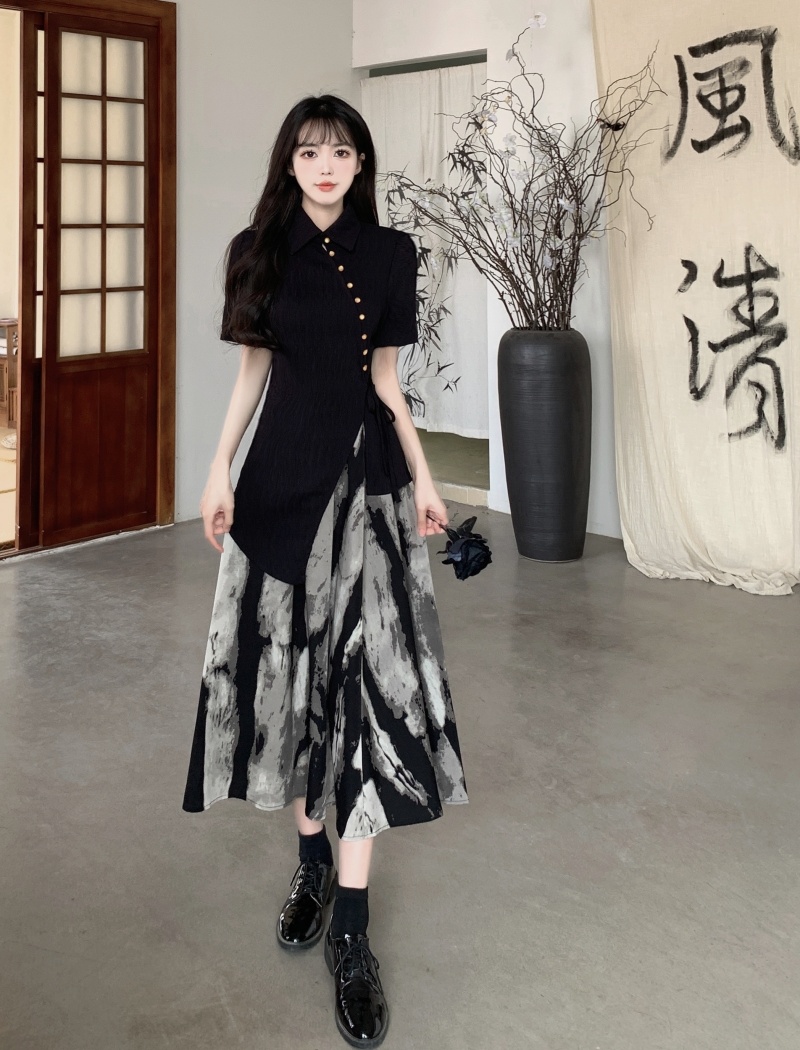 Printing Chinese style tops slim ink skirt a set