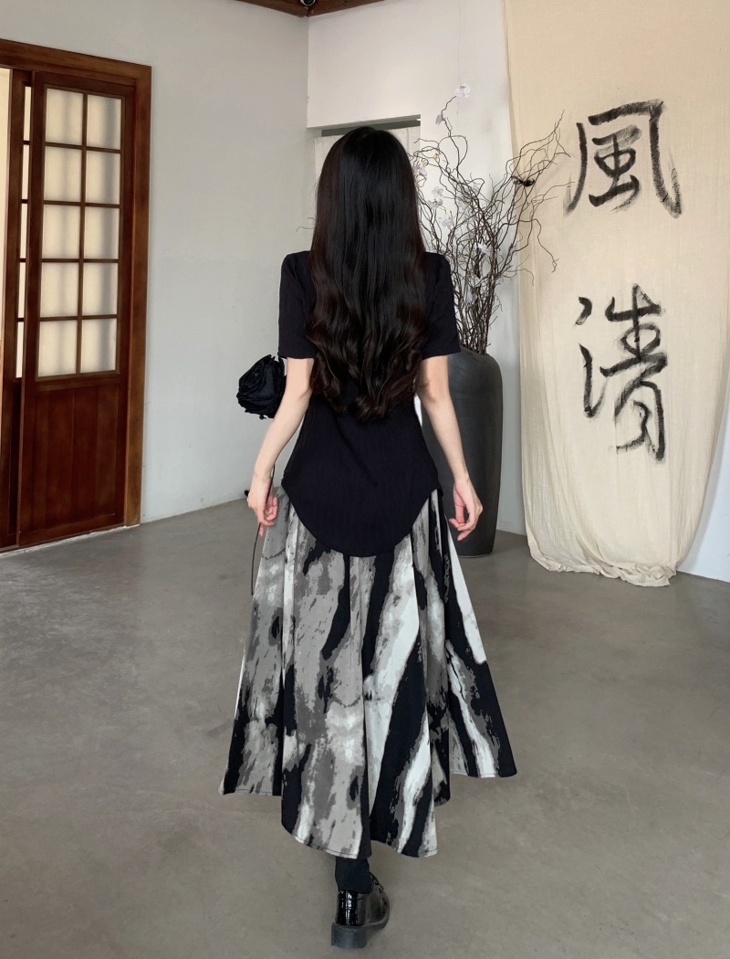 Printing Chinese style tops slim ink skirt a set