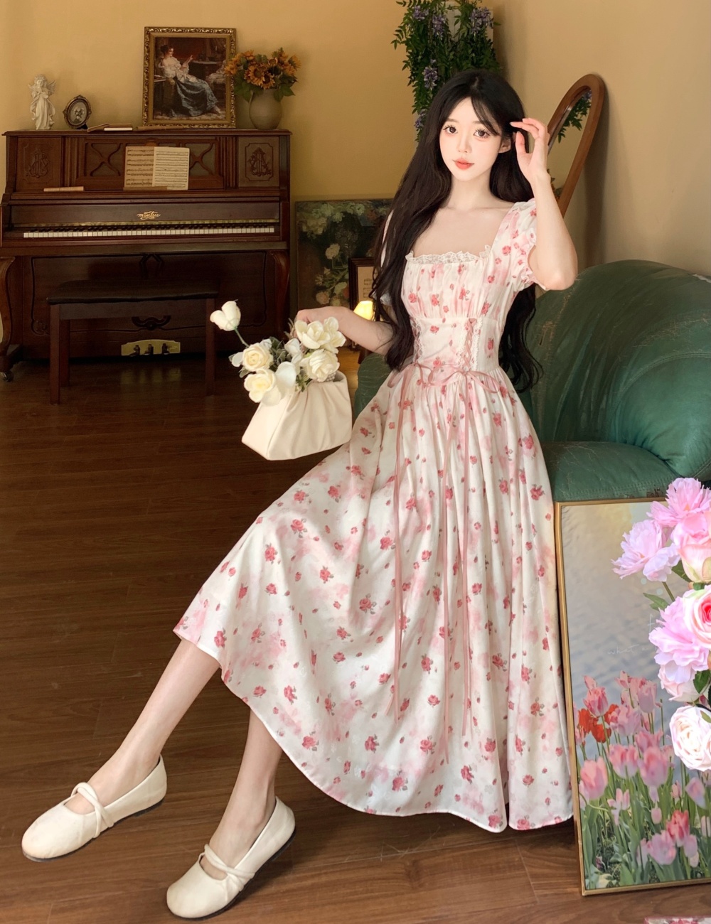 Temperament square collar sweet printing dress