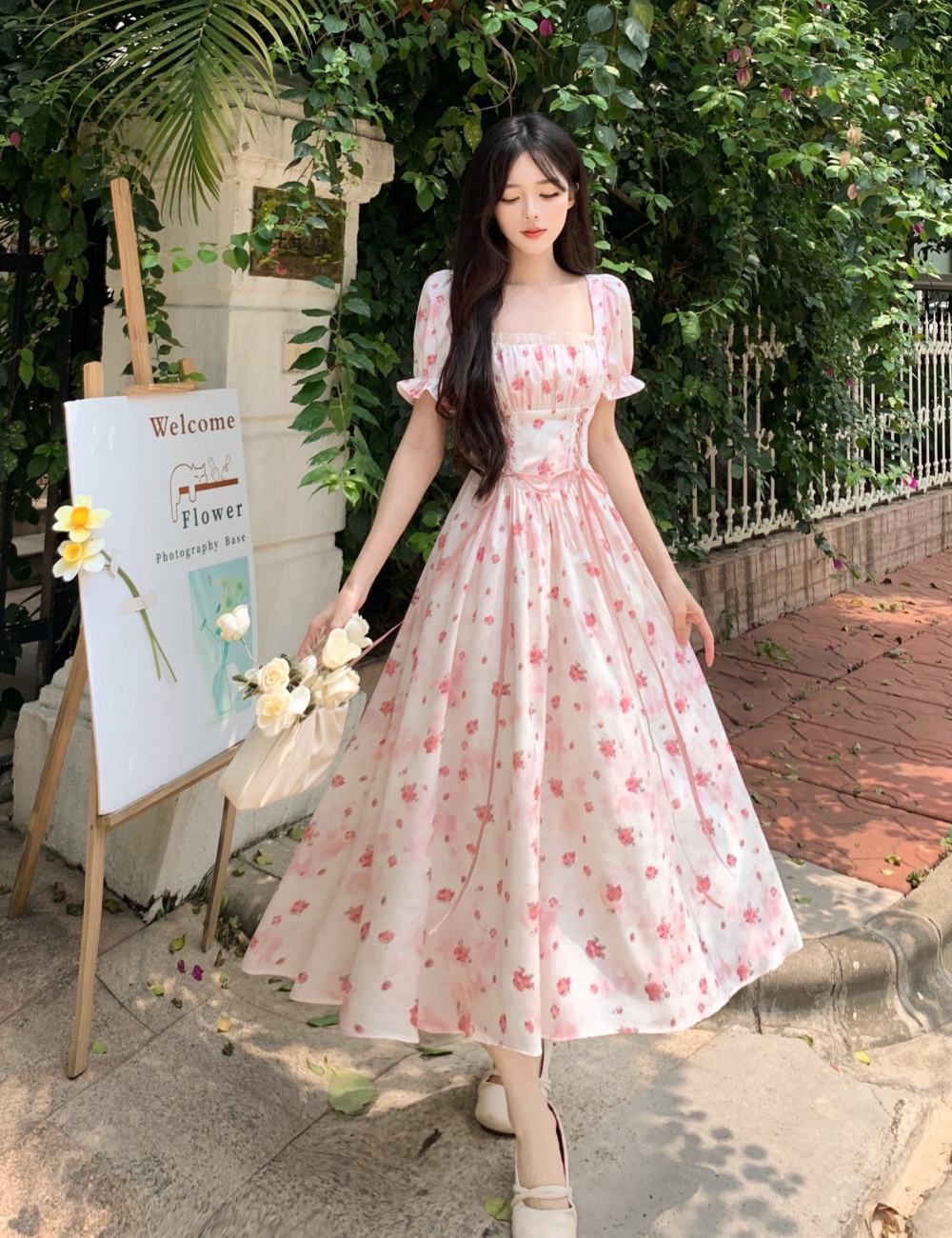 Temperament square collar sweet printing dress