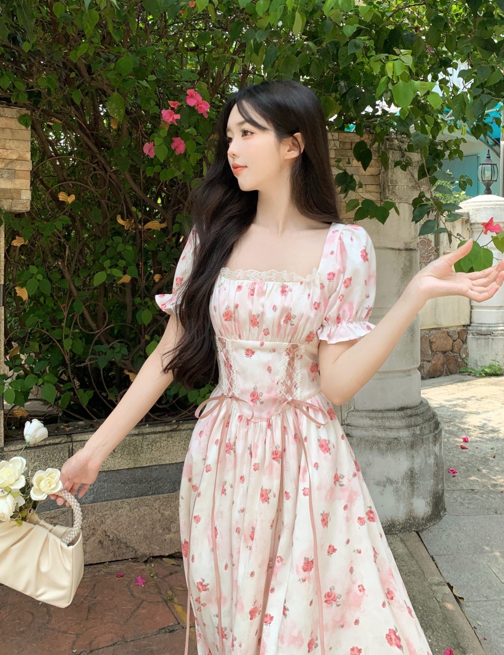 Temperament square collar sweet printing dress