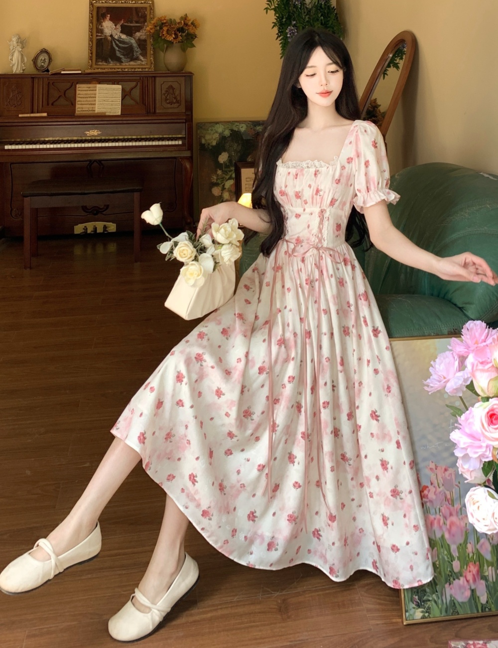 Temperament square collar sweet printing dress