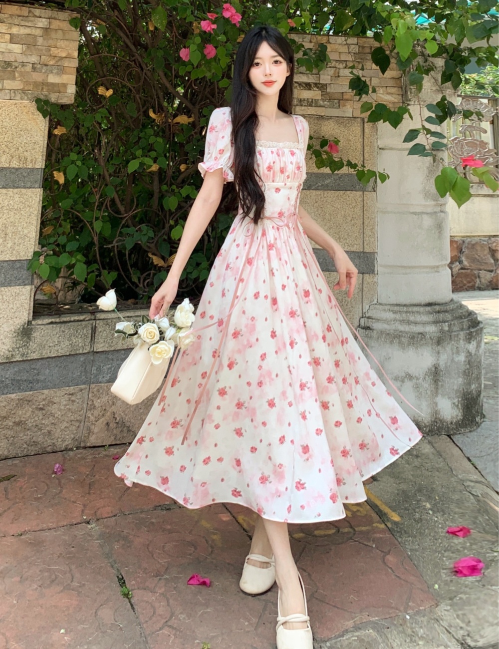 Temperament square collar sweet printing dress