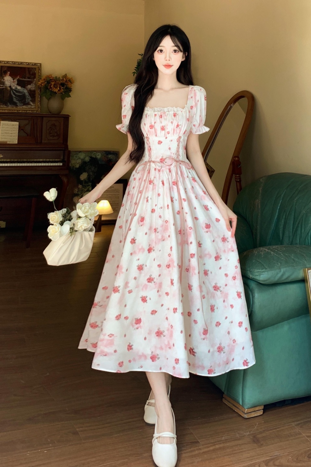 Temperament square collar sweet printing dress