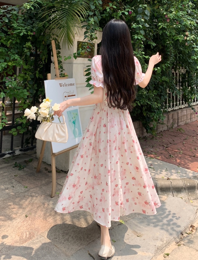 Temperament square collar sweet printing dress