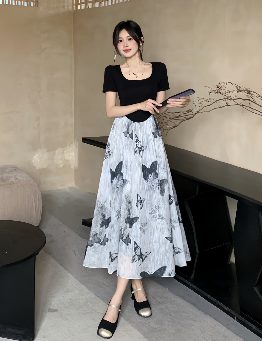 Ink Pseudo-two butterfly splice slim knitted dress