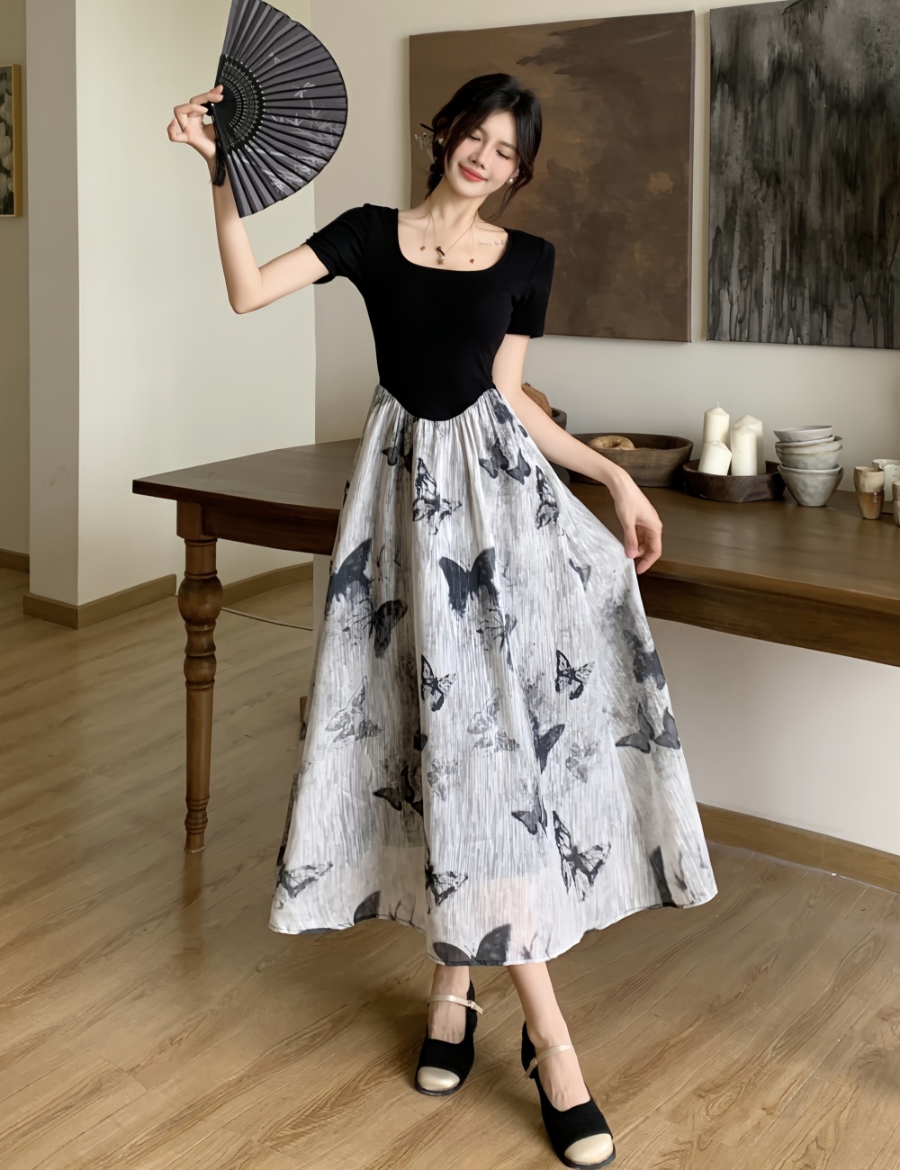 Ink Pseudo-two butterfly splice slim knitted dress