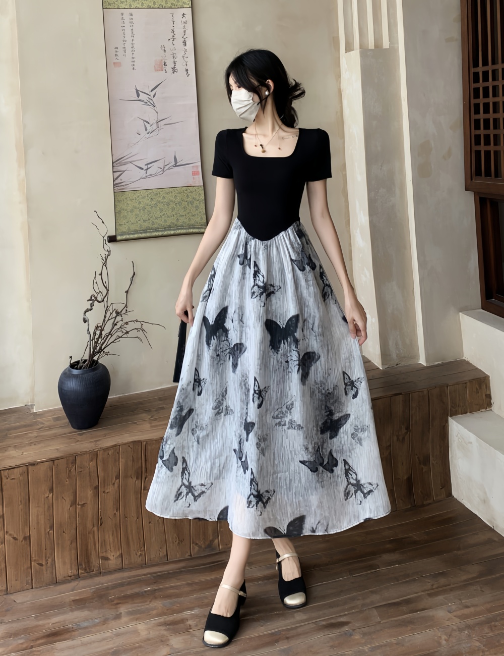 Ink Pseudo-two butterfly splice slim knitted dress