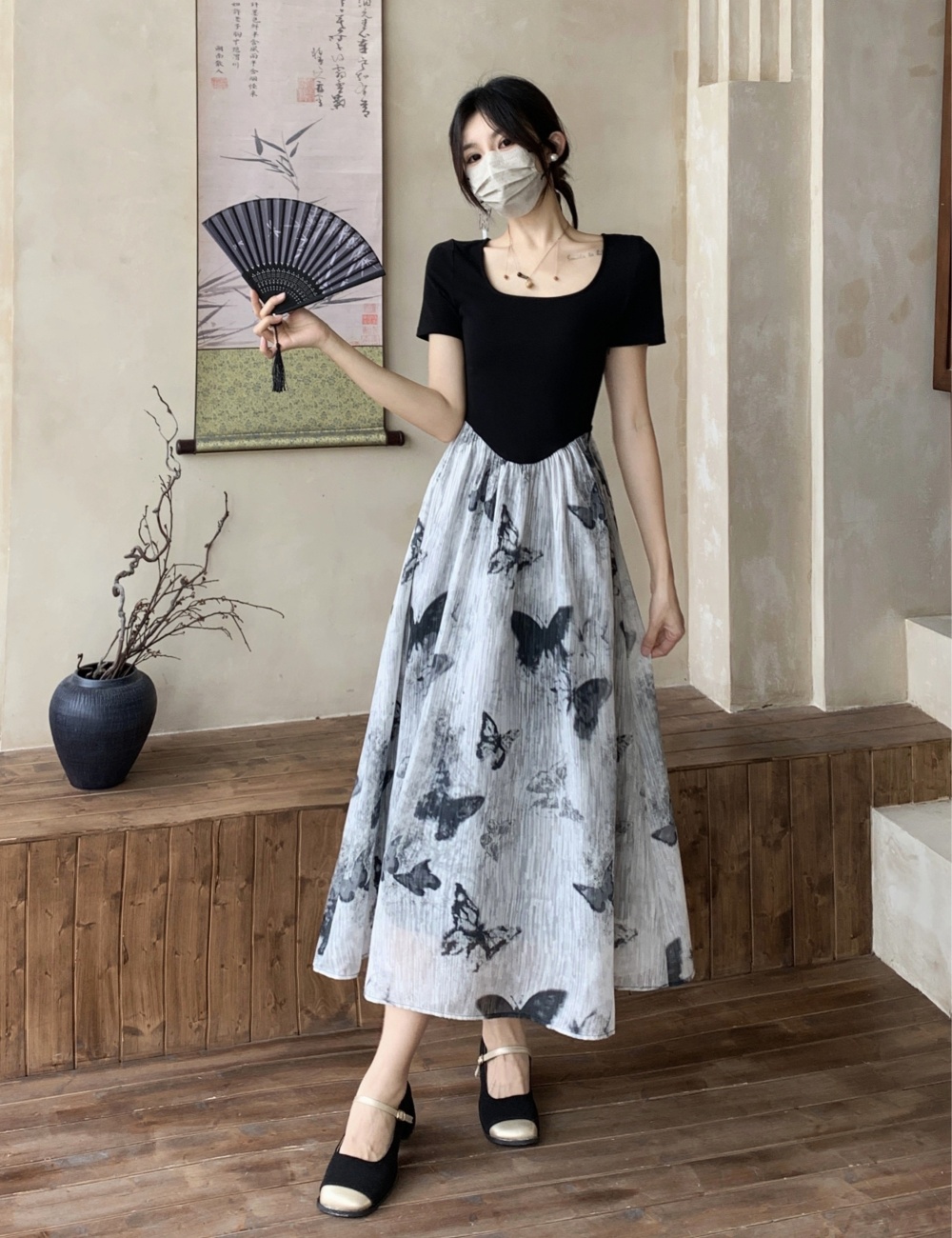 Ink Pseudo-two butterfly splice slim knitted dress