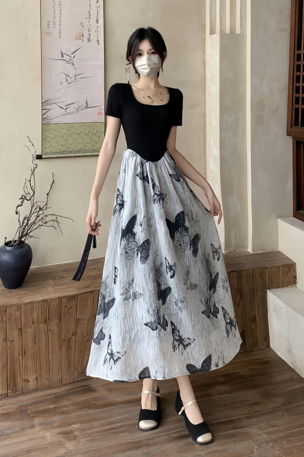 Ink Pseudo-two butterfly splice slim knitted dress