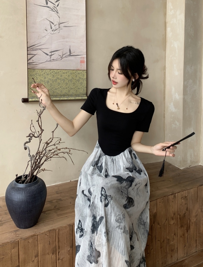 Ink Pseudo-two butterfly splice slim knitted dress