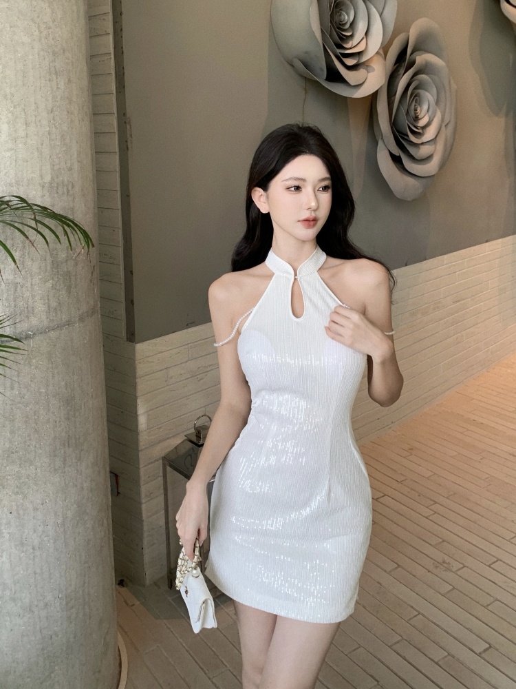 Sleeveless sequins slim dress hollow retro short cheongsam