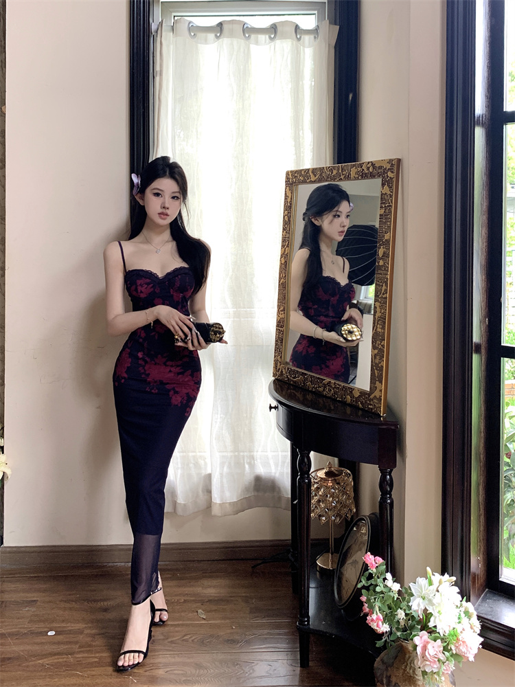 Splice slim lace long sling printing flowers gauze dress