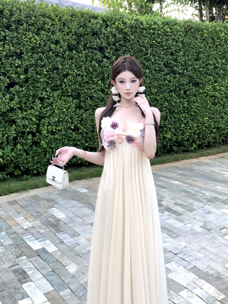 Vacation flowers decoration gauze long dress