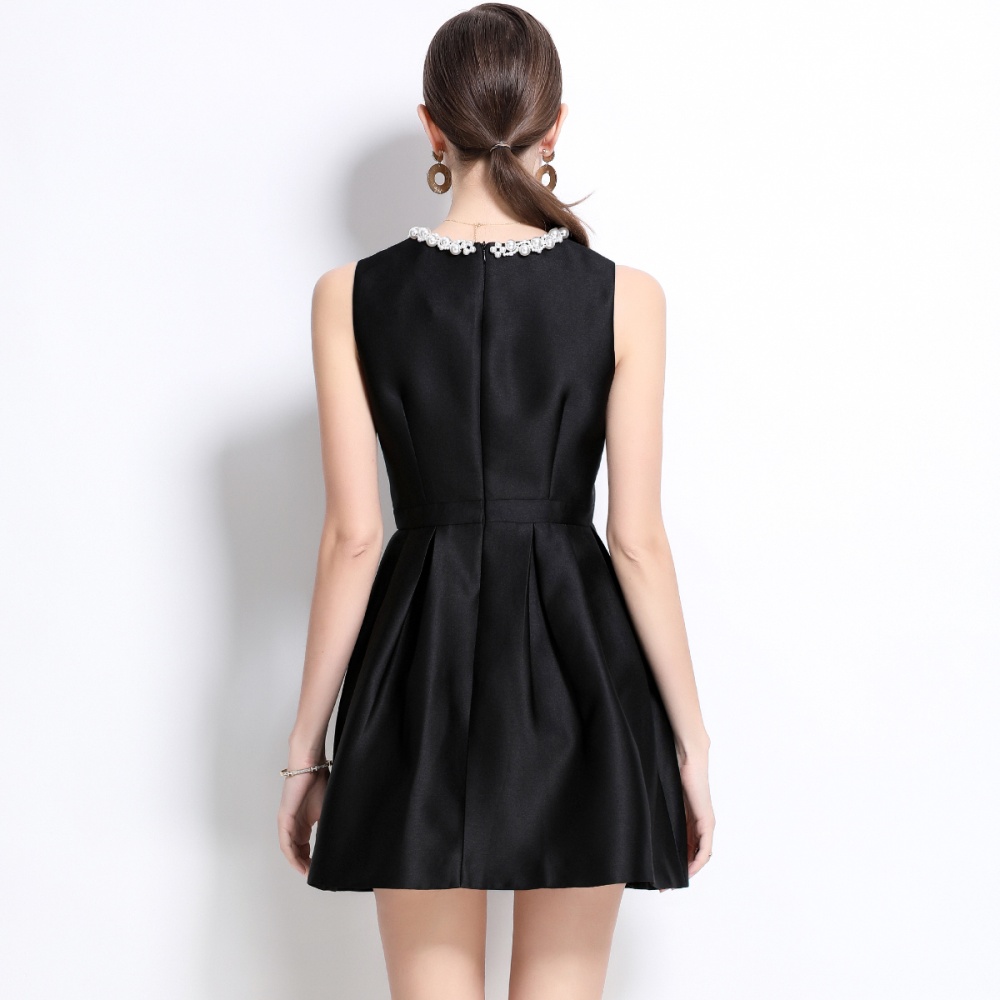 Sleeveless pearl collar slim spring pinched waist dress