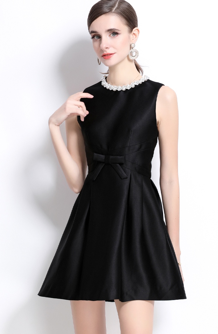 Sleeveless pearl collar slim spring pinched waist dress