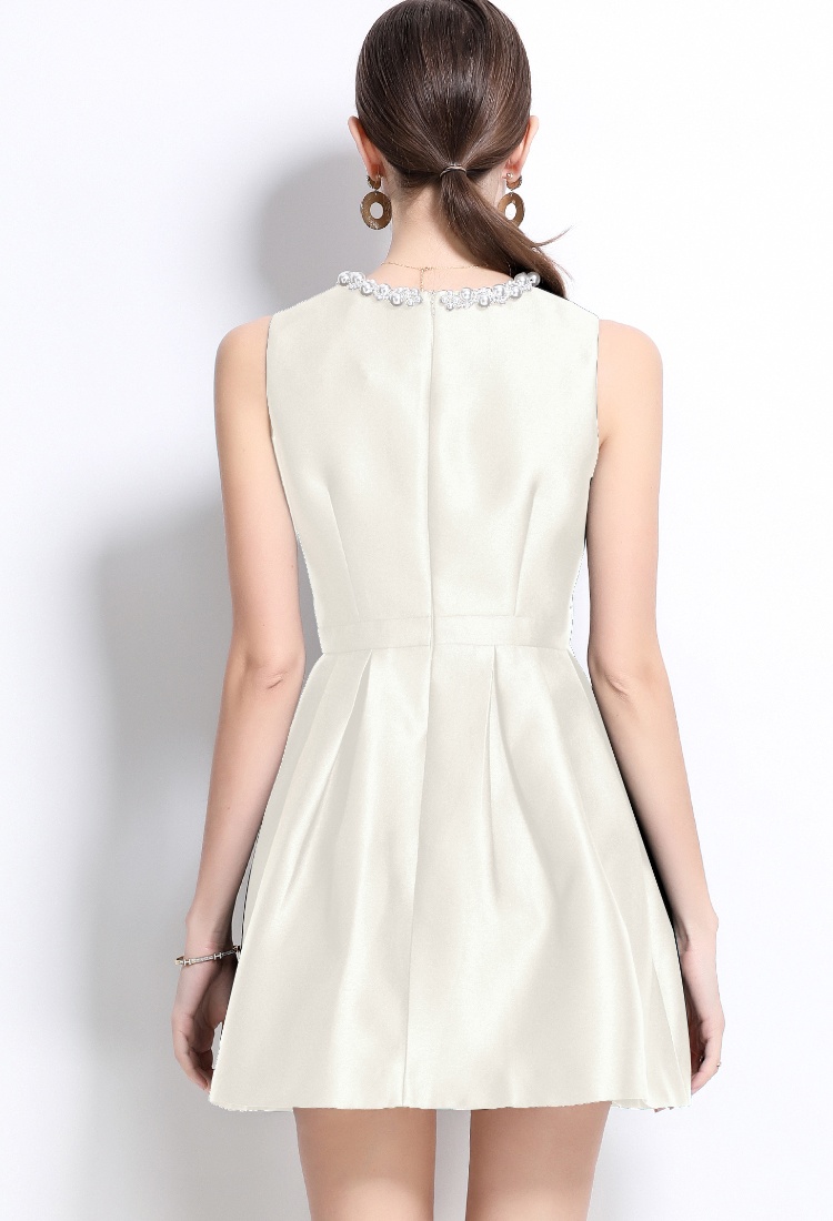 Sleeveless pearl collar slim spring pinched waist dress