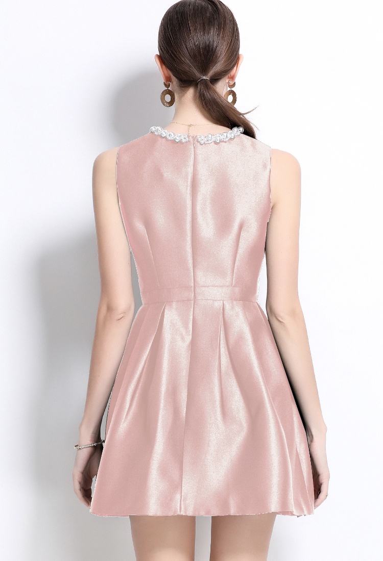 Sleeveless pearl collar slim spring pinched waist dress